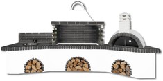 Ψησταριά κήπου - Barbeque set με πάγκο - νεροχύτη και παραδοσιακό ξυλόφουρνο , μαύρο - γκρι πυρότουβλο .